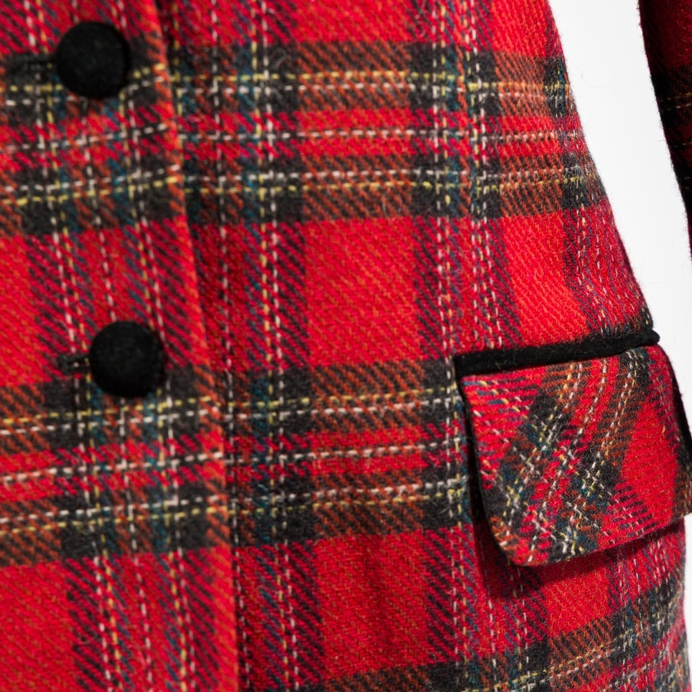 Vintage wool tartan plaid blazer with black velvet trim & buttons M - Picture 13 of 16